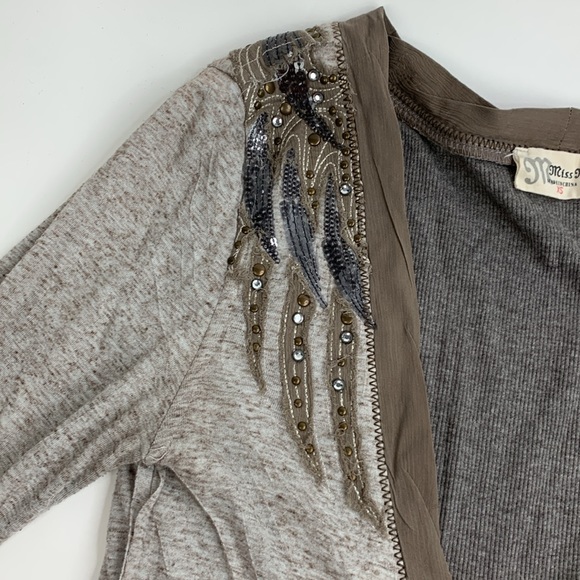Miss Me Cardigan sweater XS Wings sequin Design Boho Earthy Button Style pockets - Picture 5 of 15